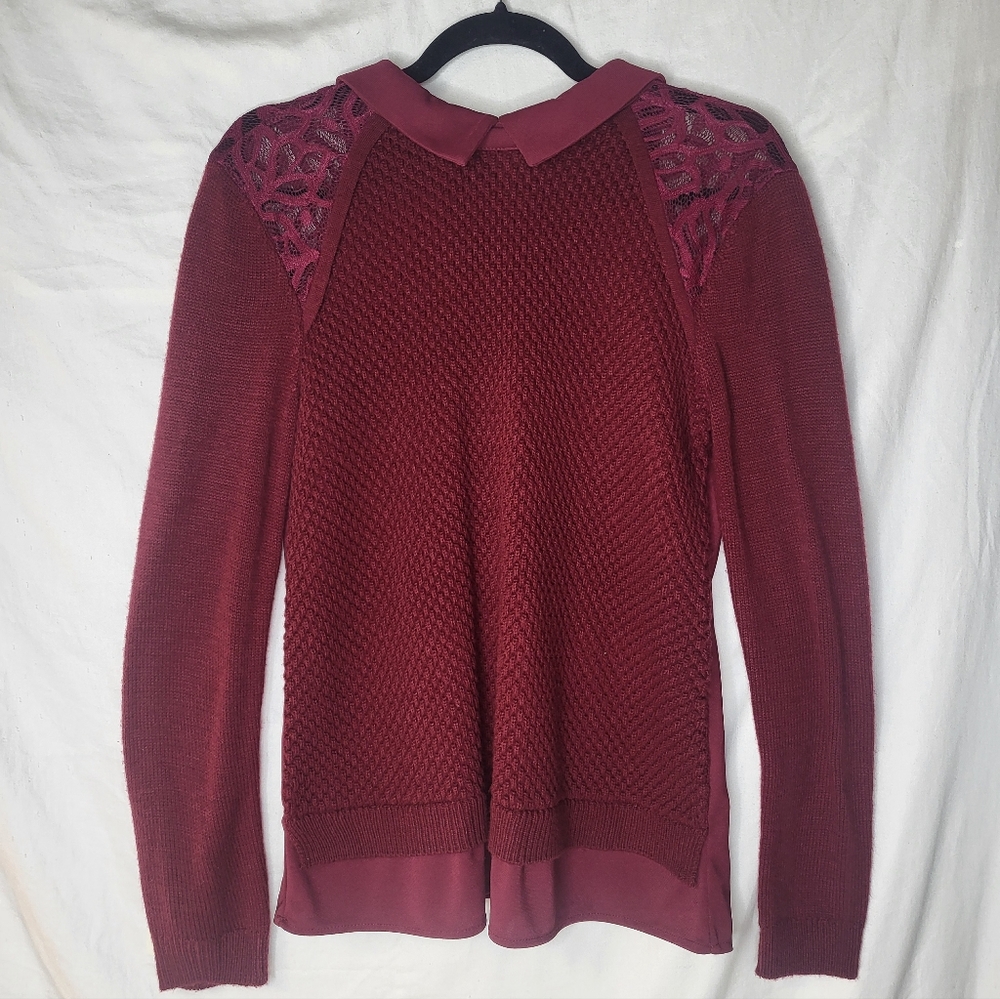 Karl Lagerfield Paris Burgundy Long Sleeve Gold Button Up Lace Sweater Small